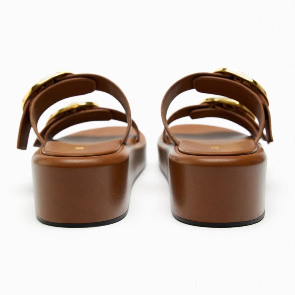 ZARA BUCKLED LEATHER WEDGE SANDALS BROWN SIZE 10  | 1316/110 - Picture 4 of 4
